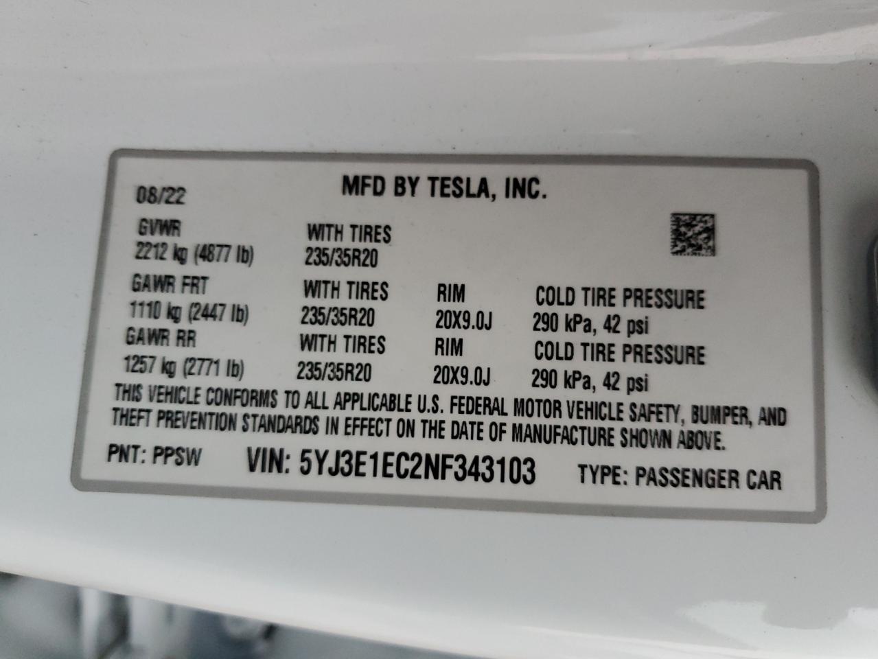 2022 Tesla Model 3 VIN: 5YJ3E1EC2NF343103 Lot: 85563954