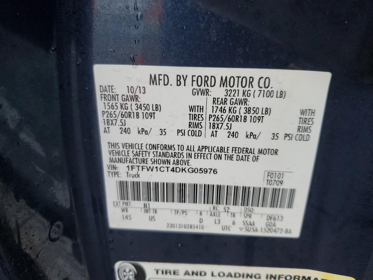 2013 Ford F150 Supercrew VIN: 1FTFW1CT4DKG05976 Lot: 84184294