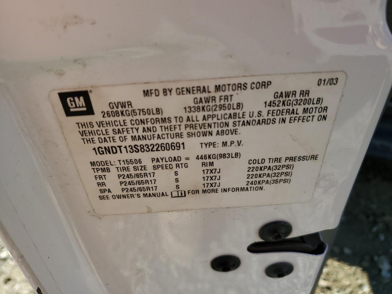 2003 Chevrolet Trailblazer VIN: 1GNDT13S832260691 Lot: 85911284