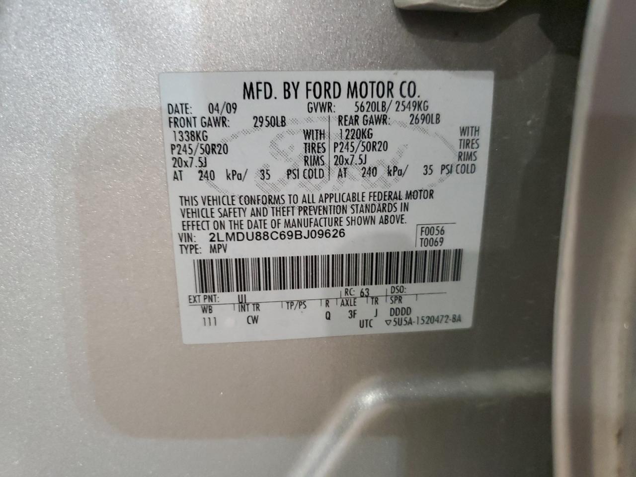 2009 Lincoln Mkx VIN: 2LMDU88C69BJ09626 Lot: 85696004