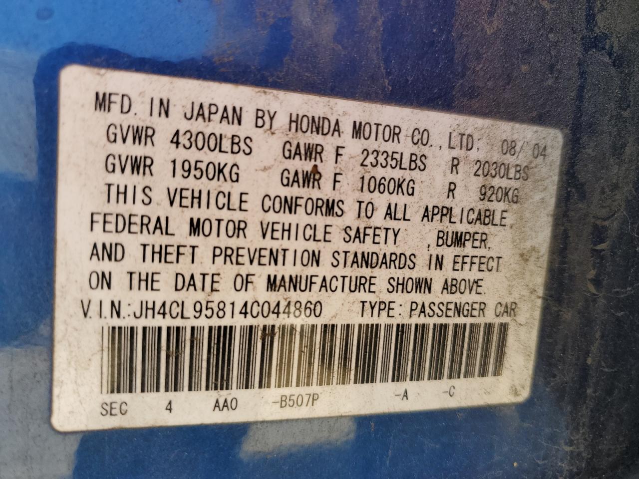 2004 Acura Tsx VIN: JH4CL95814C044860 Lot: 86943964