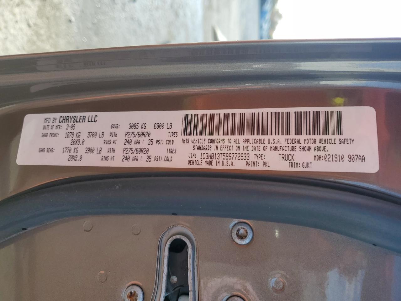 2009 Dodge Ram 1500 VIN: 1D3HB13T59S772933 Lot: 86866315