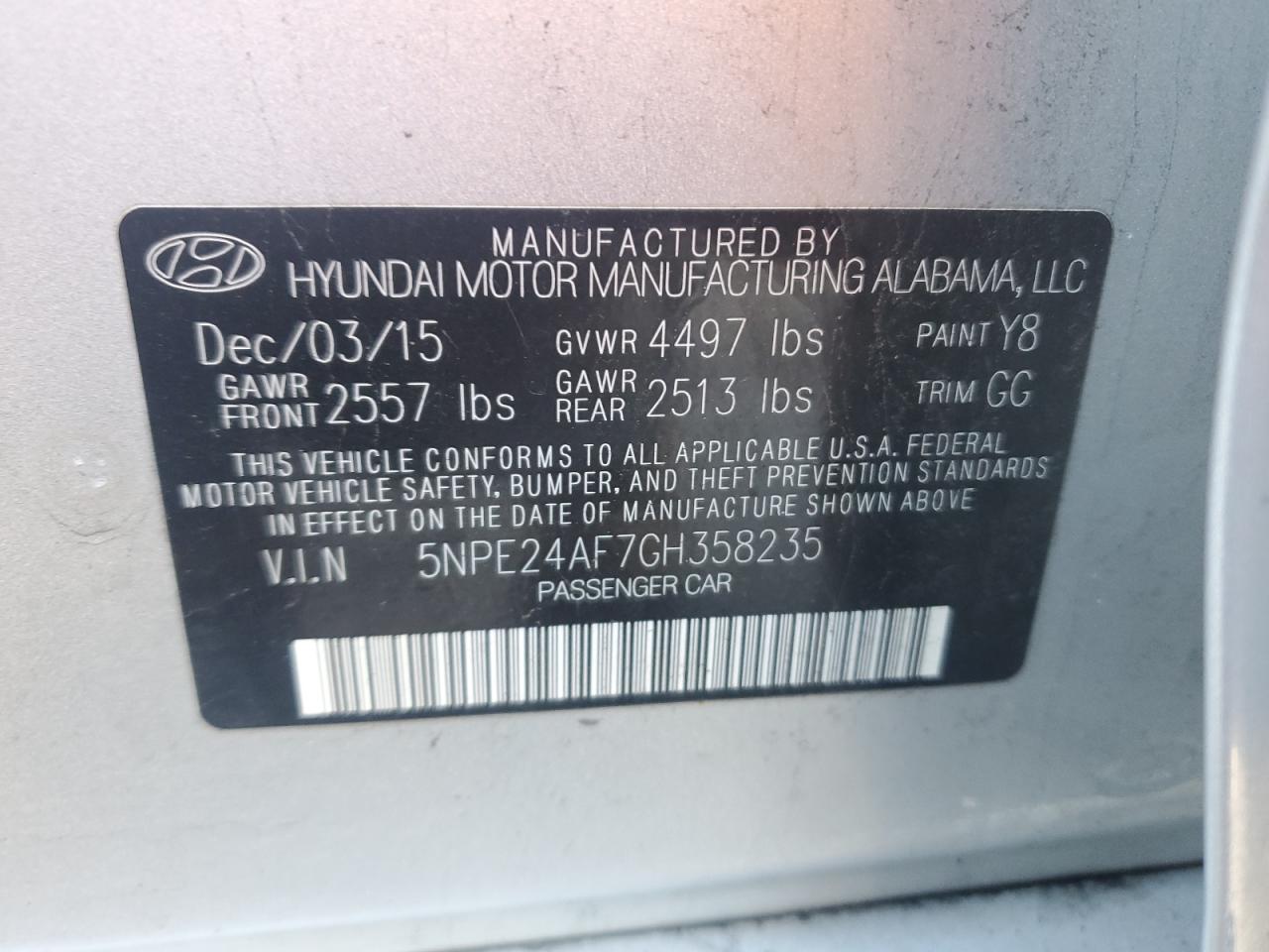 VIN 5NPE24AF7GH358235 2016 HYUNDAI SONATA no.12