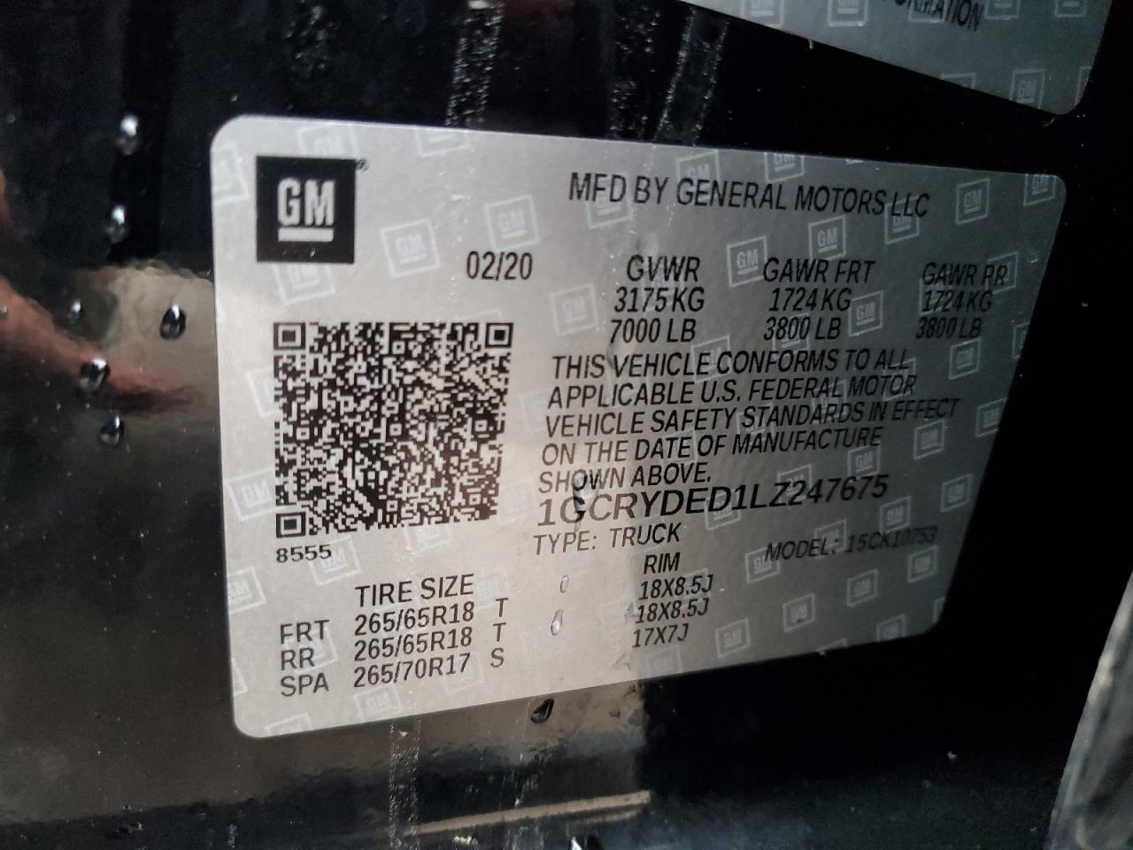 2020 Chevrolet Silverado K1500 Lt VIN: 1GCRYDED1LZ247675 Lot: 86102404