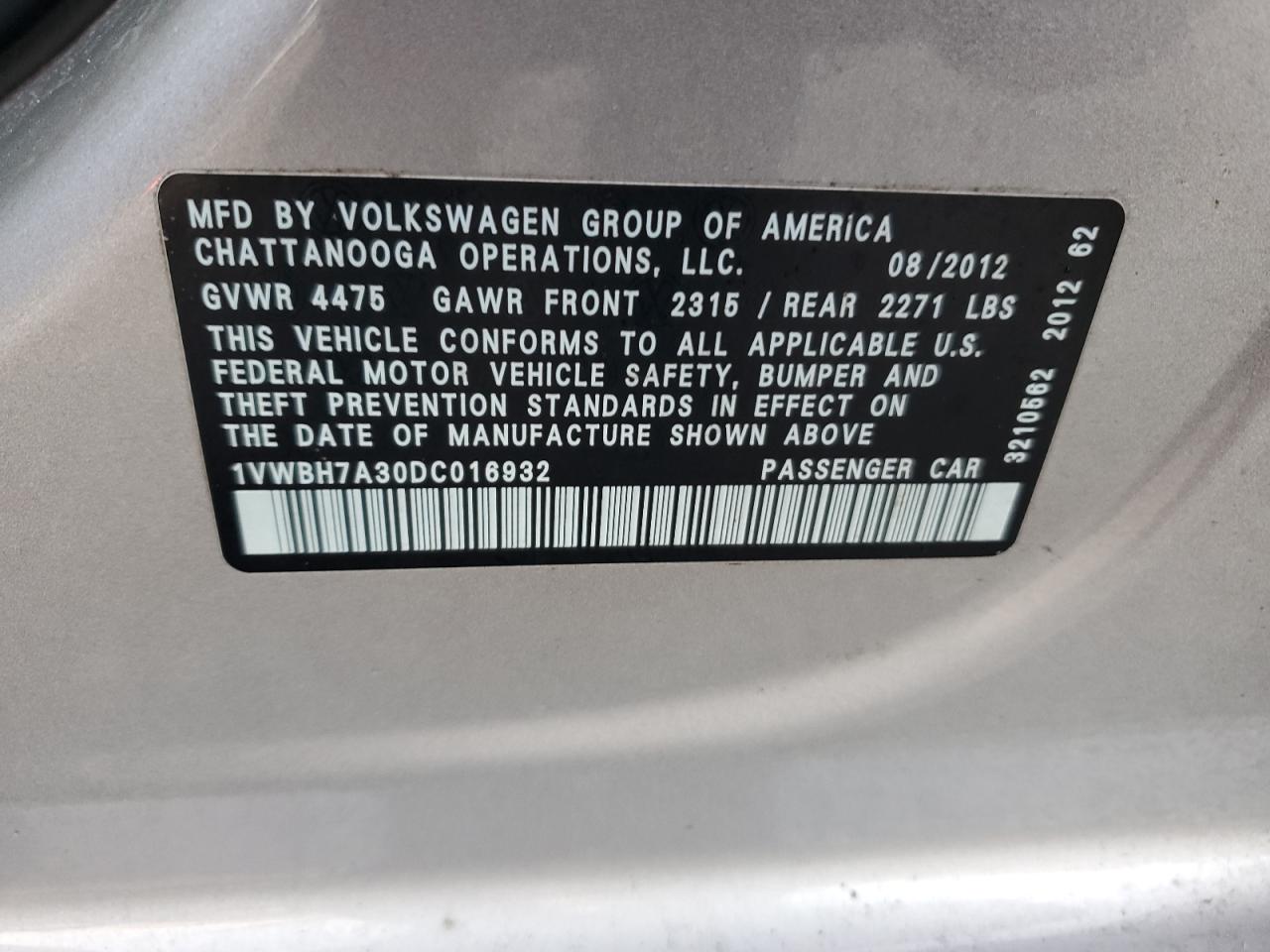 2013 Volkswagen Passat Se VIN: 1VWBH7A30DC016932 Lot: 83246024