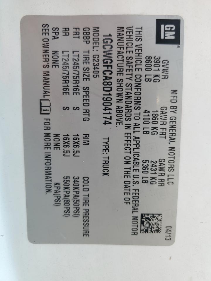 2013 Chevrolet Express G2500 VIN: 1GCWGFCA8D1904174 Lot: 85015574