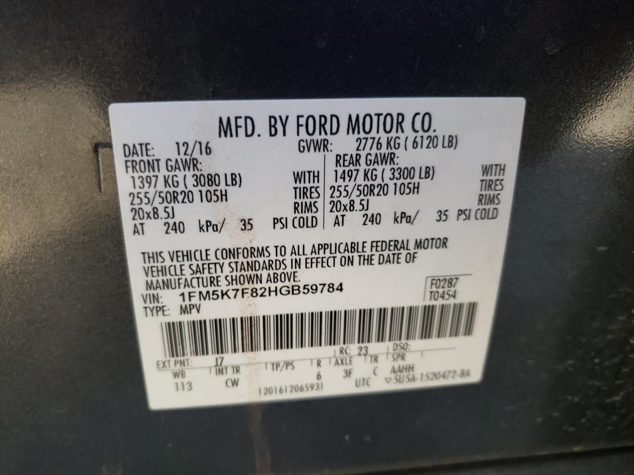 VIN 1FM5K7F82HGB59784 2017 FORD EXPLORER no.13