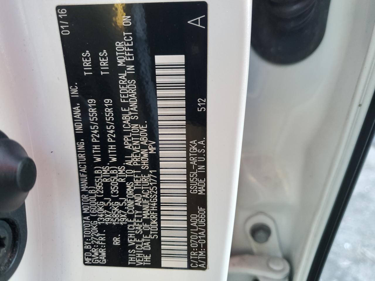 2016 Toyota Highlander Limited VIN: 5TDDKRFH4GS251771 Lot: 85983684