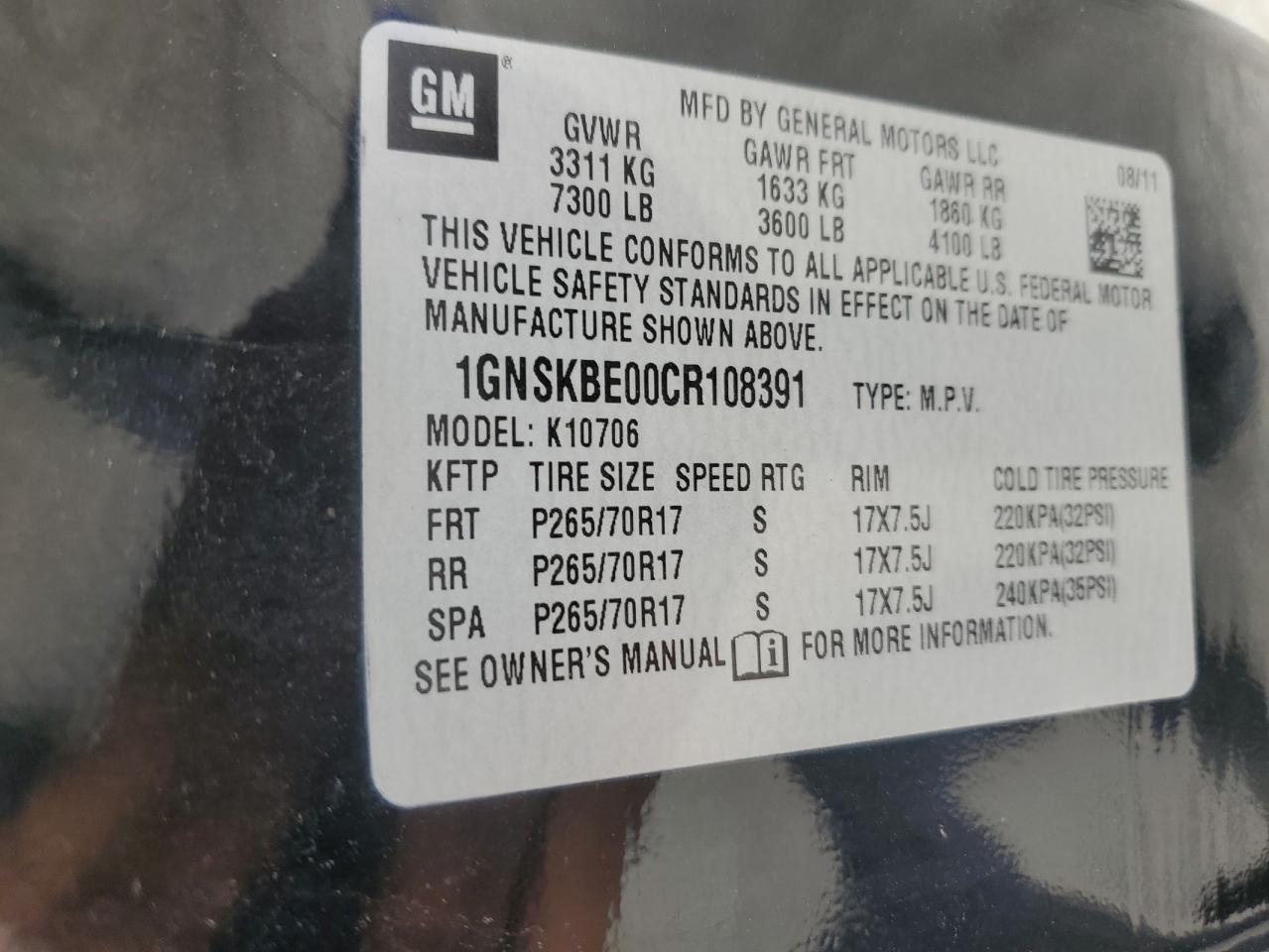 2012 Chevrolet Tahoe K1500 Lt VIN: 1GNSKBE00CR108391 Lot: 84623664