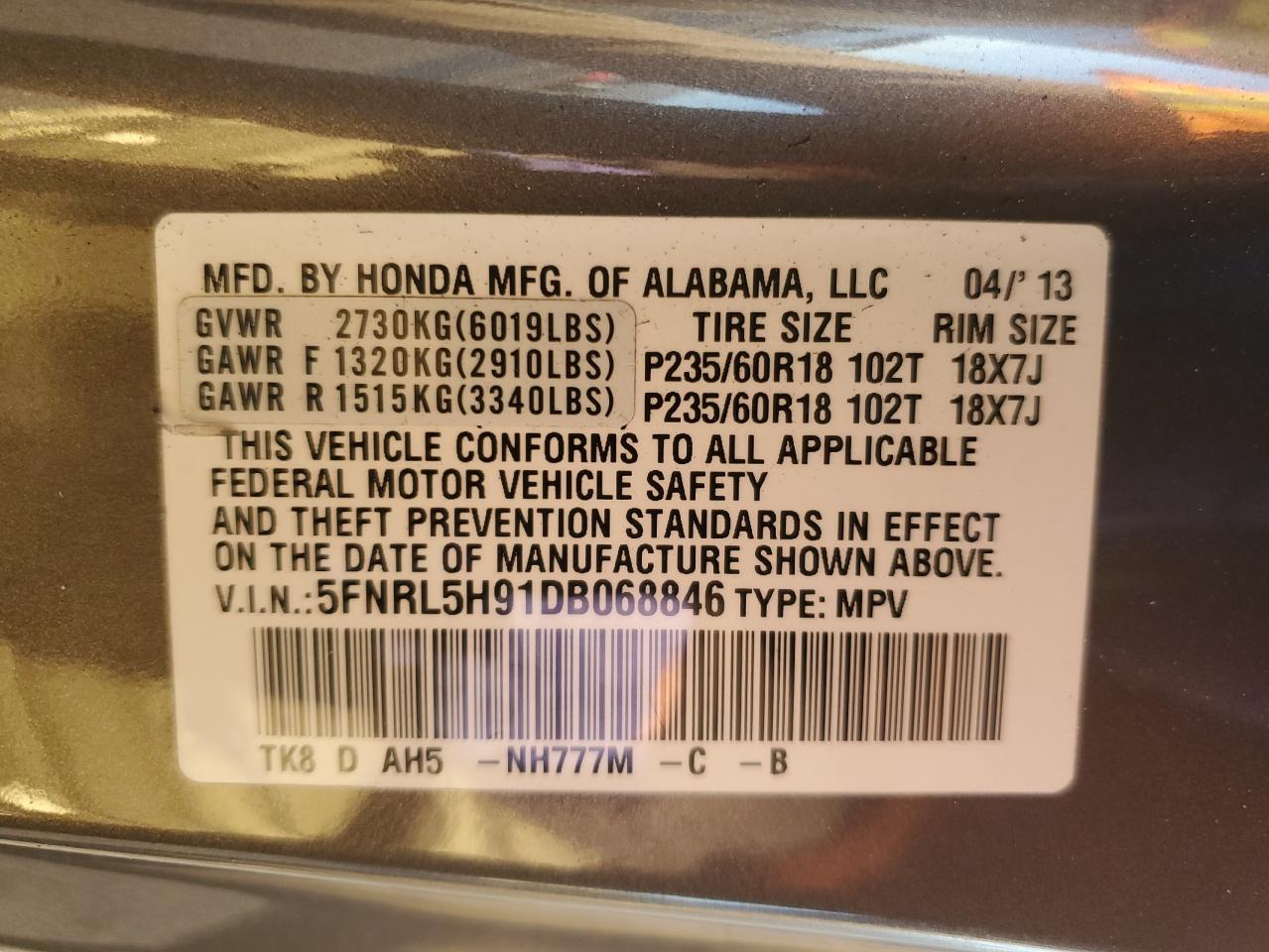 VIN 5FNRL5H91DB068846 2013 HONDA ODYSSEY no.13