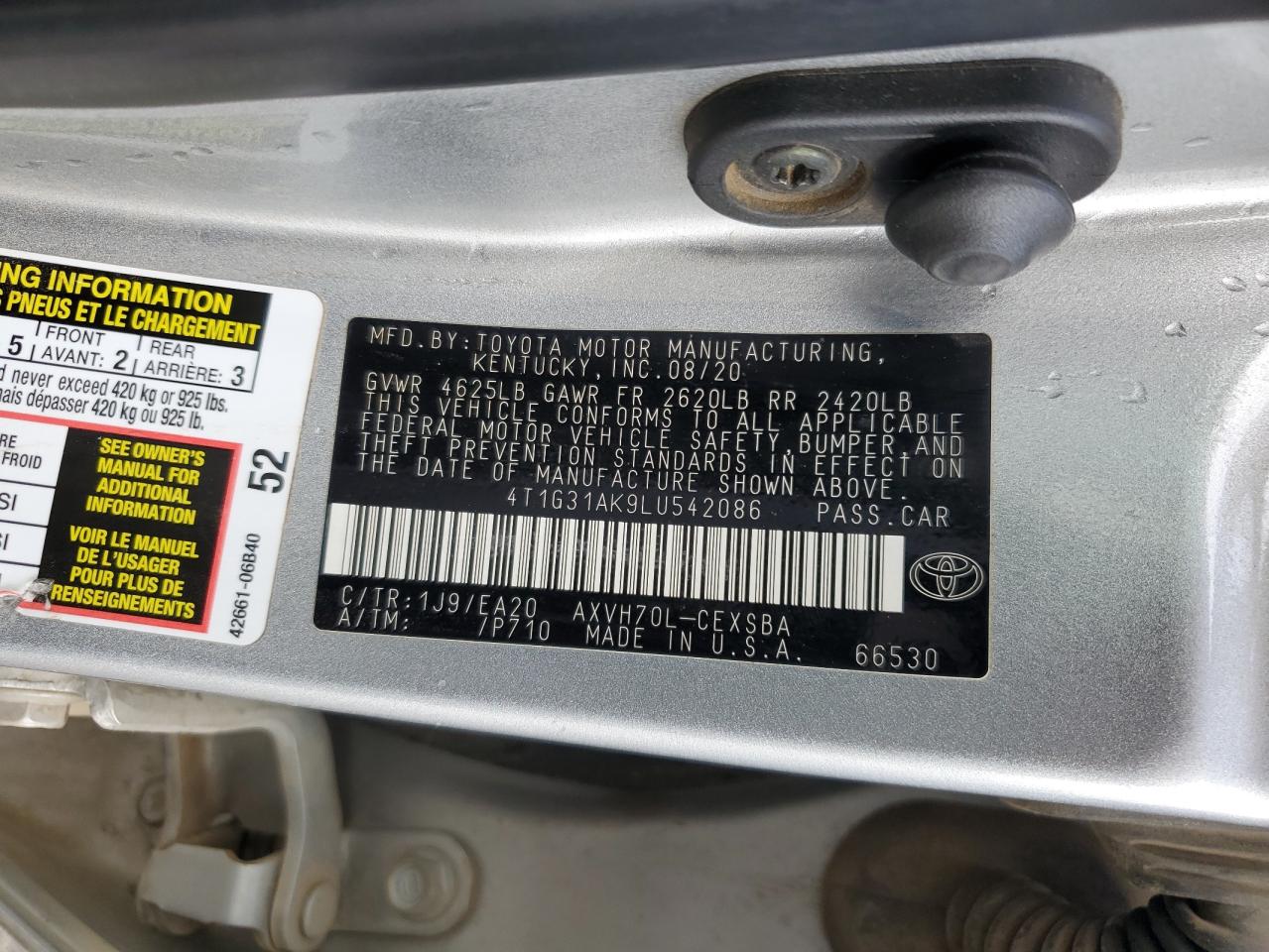 VIN 4T1G31AK9LU542086 2020 TOYOTA CAMRY no.12