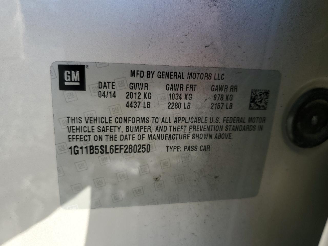 2014 Chevrolet Malibu Ls VIN: 1G11B5SL6EF280250 Lot: 85642034