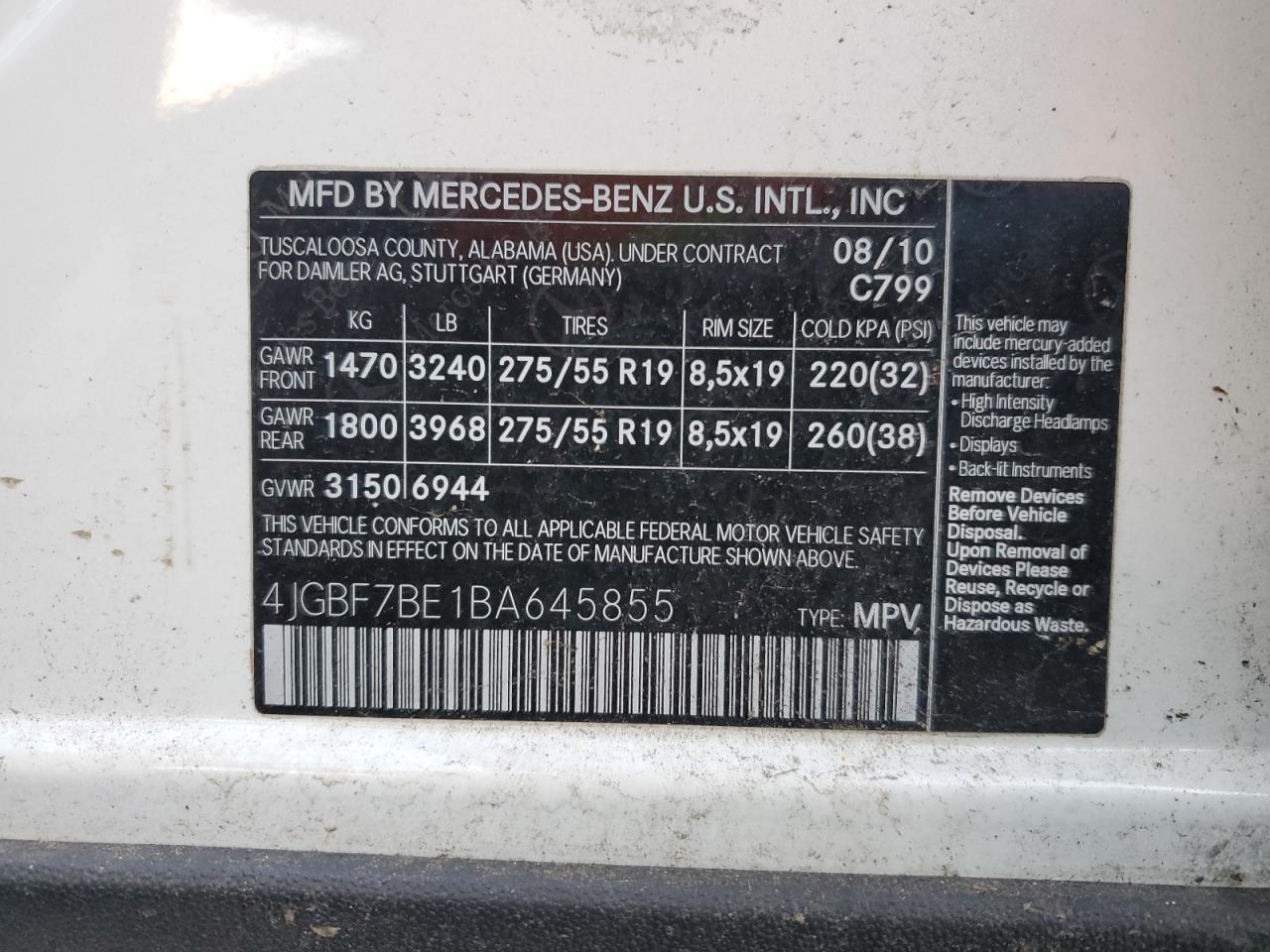 2011 Mercedes-Benz Gl 450 4Matic VIN: 4JGBF7BE1BA645855 Lot: 83578054