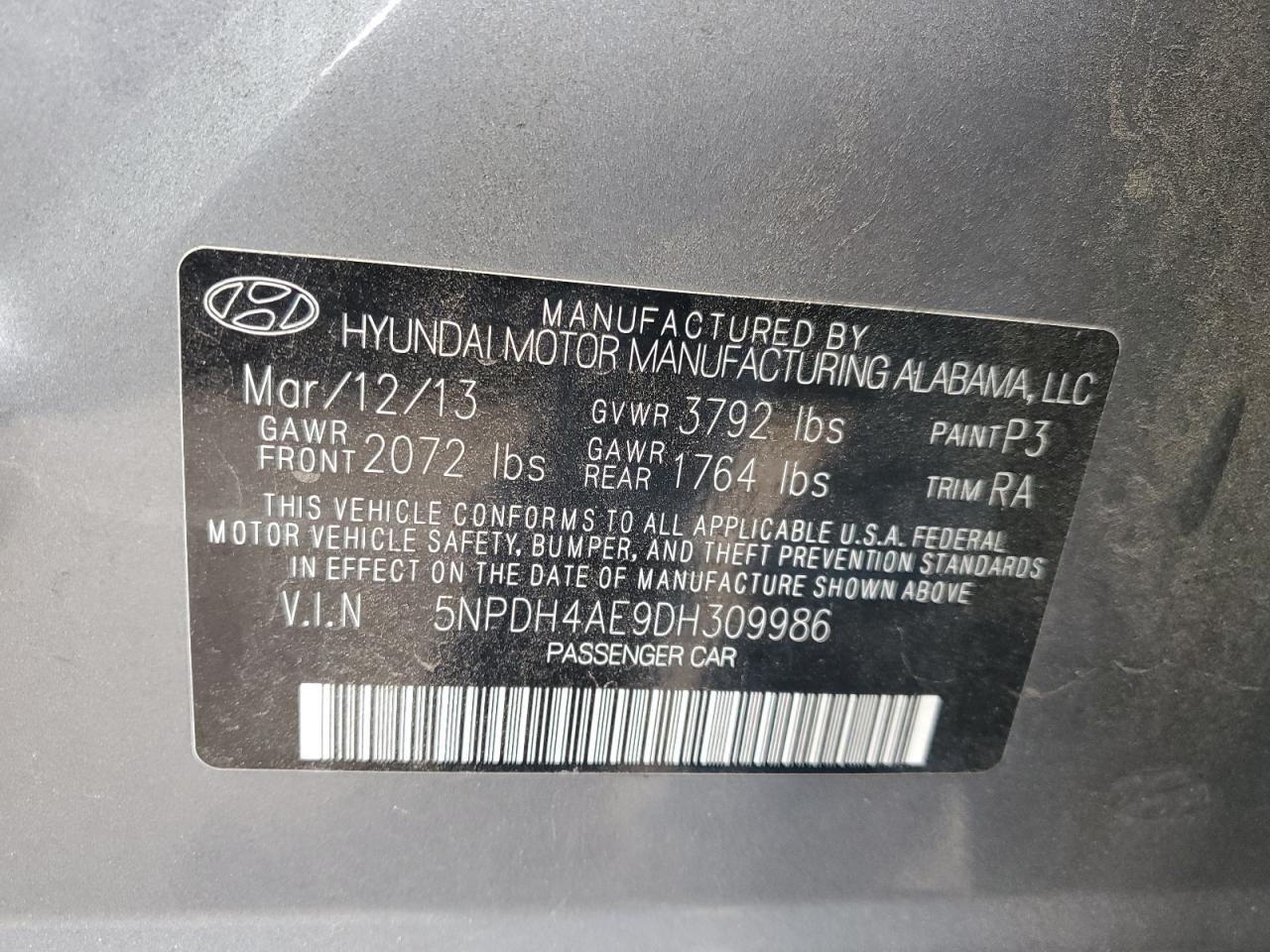 VIN 5NPDH4AE9DH309986 2013 HYUNDAI ELANTRA no.12