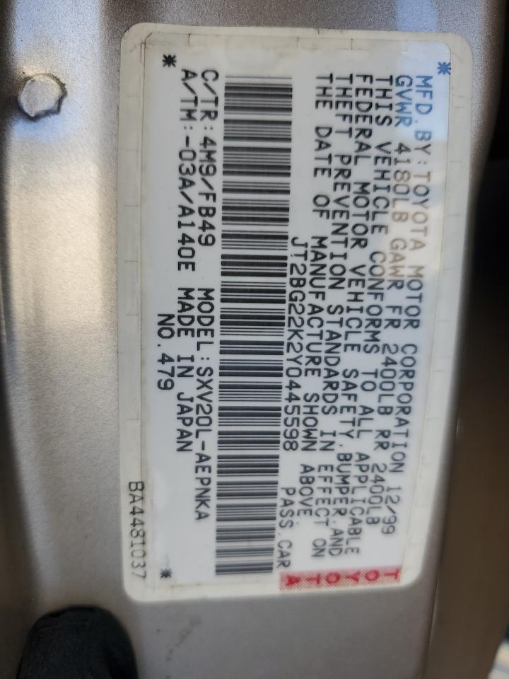 2000 Toyota Camry Ce VIN: JT2BG22K2Y0445598 Lot: 83445854
