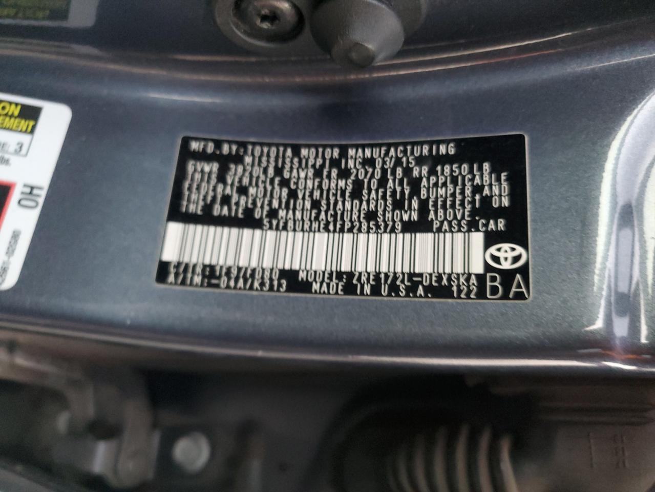 2015 Toyota Corolla L VIN: 5YFBURHE4FP285379 Lot: 83064624