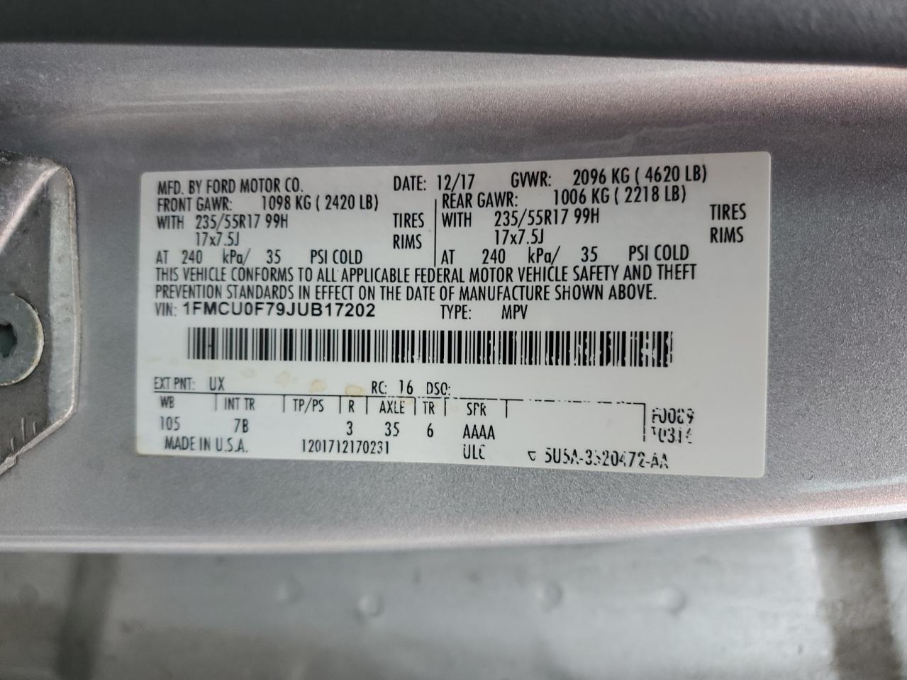 VIN 1FMCU0F79JUB17202 2018 FORD ESCAPE no.13