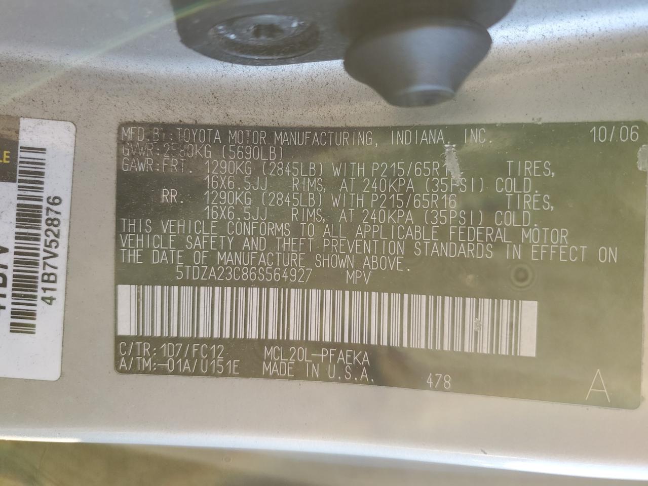 2006 Toyota Sienna Ce VIN: 5TDZA23C86S564927 Lot: 87084464