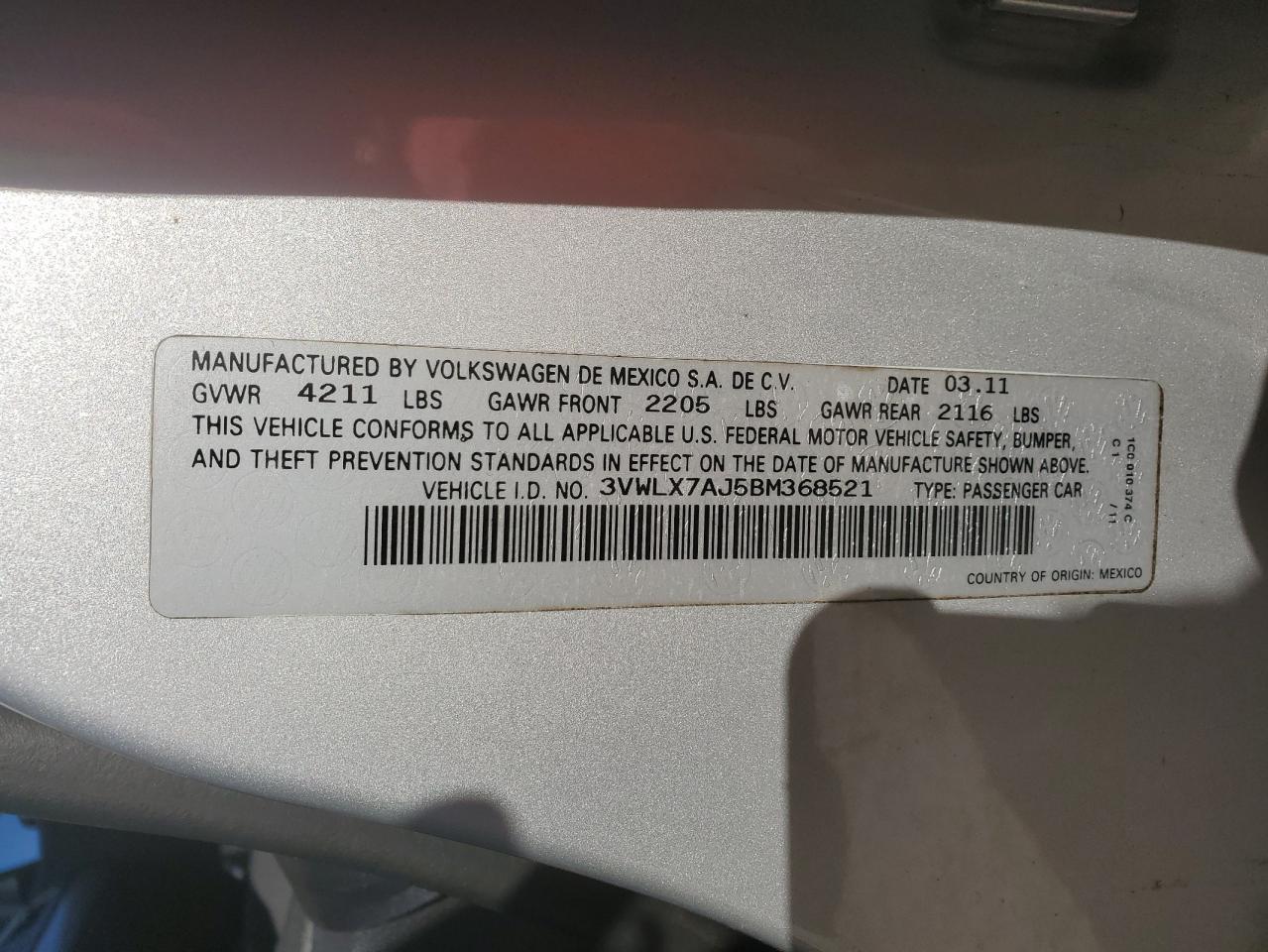 2011 Volkswagen Jetta Sel VIN: 3VWLX7AJ5BM368521 Lot: 84321494