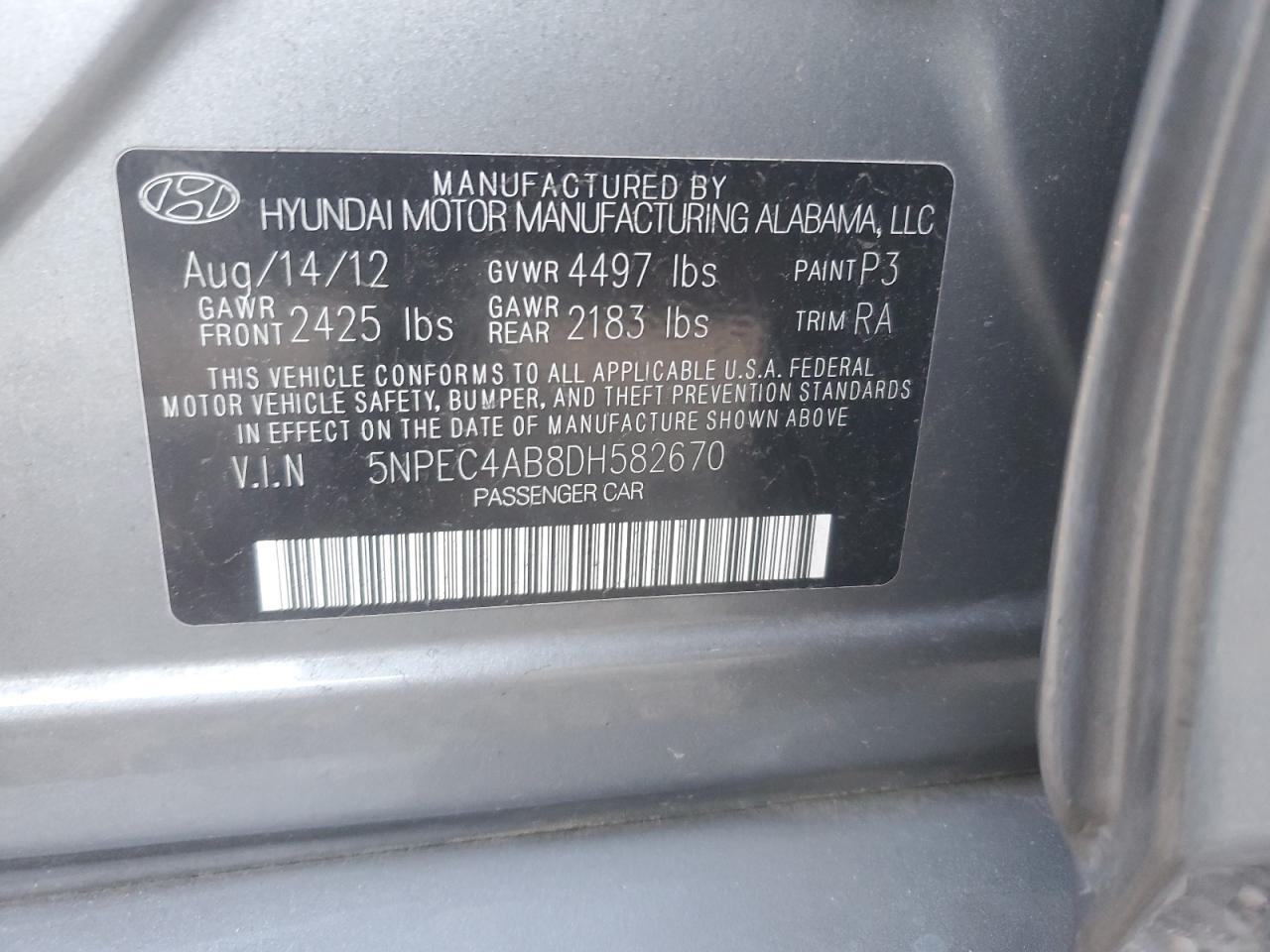 2013 Hyundai Sonata Se VIN: 5NPEC4AB8DH582670 Lot: 85378014