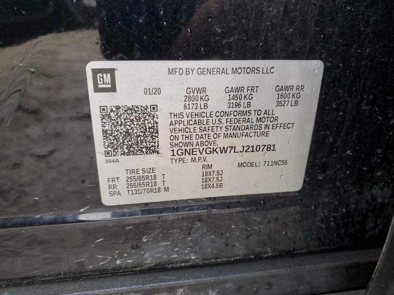 2020 Chevrolet Traverse Lt VIN: 1GNEVGKW7LJ210781 Lot: 80868994