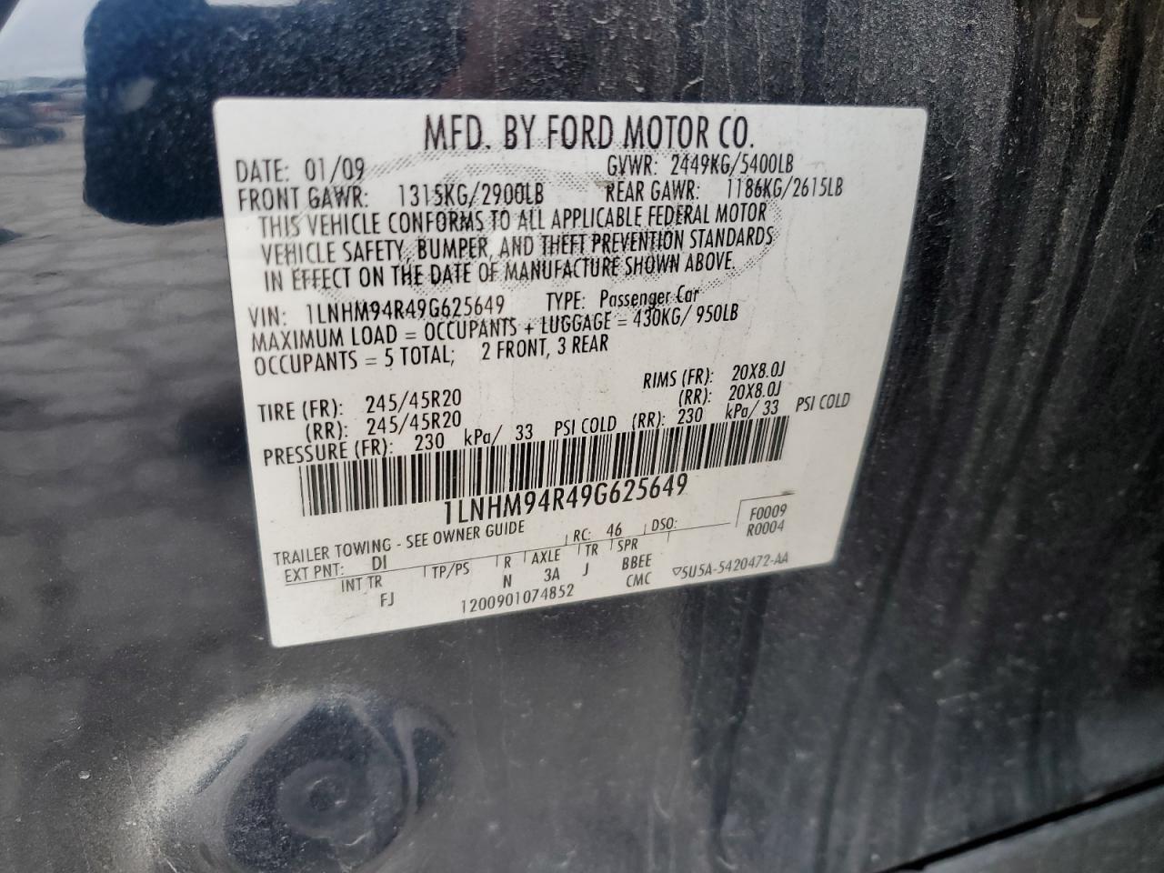 2009 Lincoln Mks VIN: 1LNHM94R49G625649 Lot: 85545324