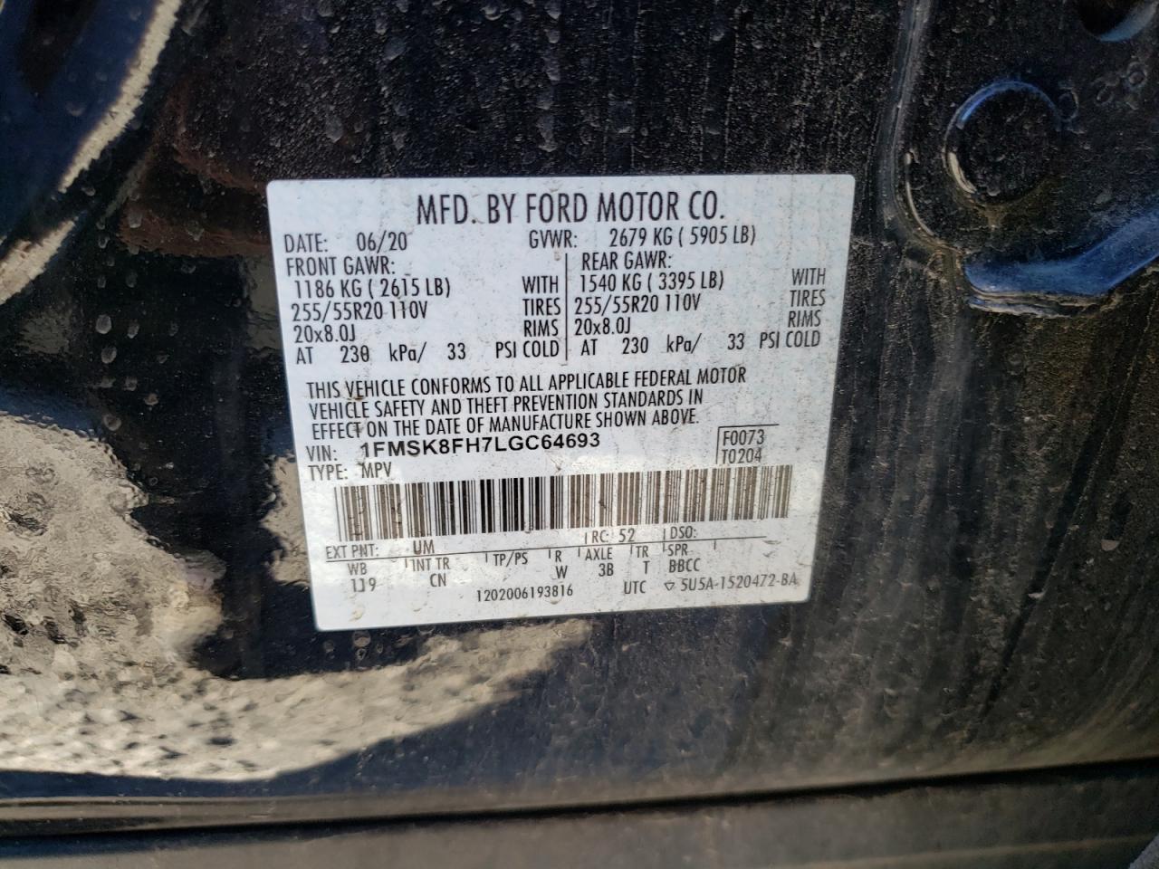 VIN 1FMSK8FH7LGC64693 2020 FORD EXPLORER no.13