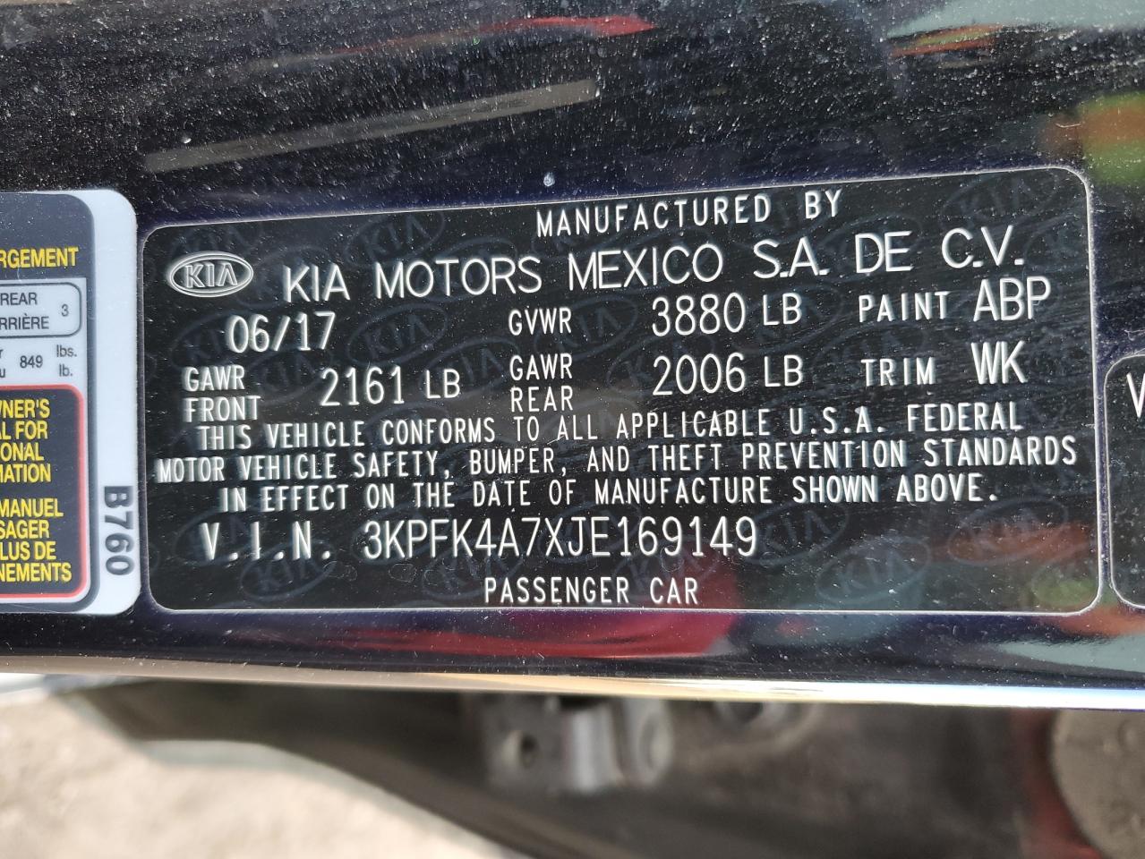 VIN 3KPFK4A7XJE169149 2018 KIA FORTE no.12