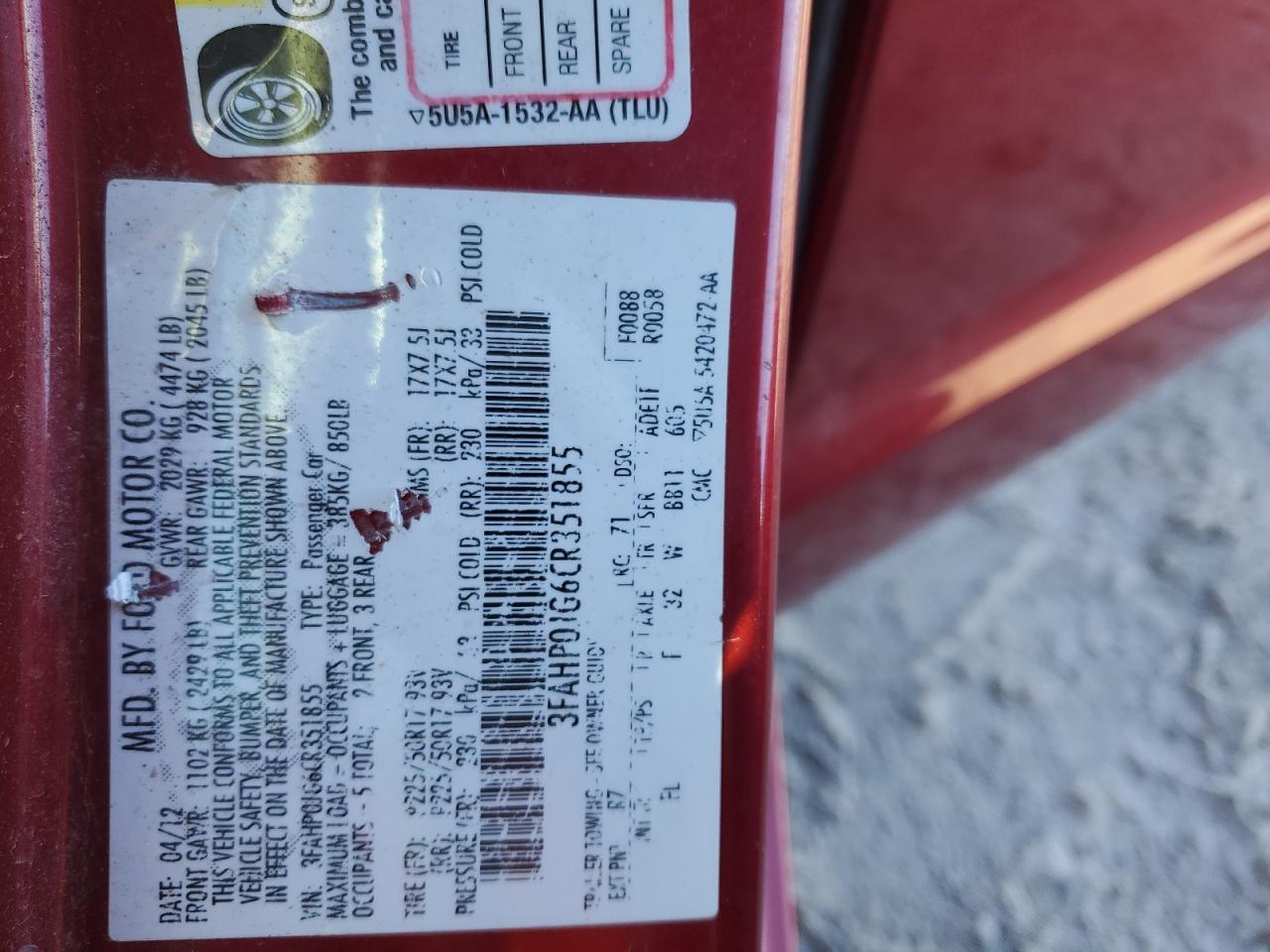 2012 Ford Fusion Sel VIN: 3FAHP0JG6CR351855 Lot: 83639654