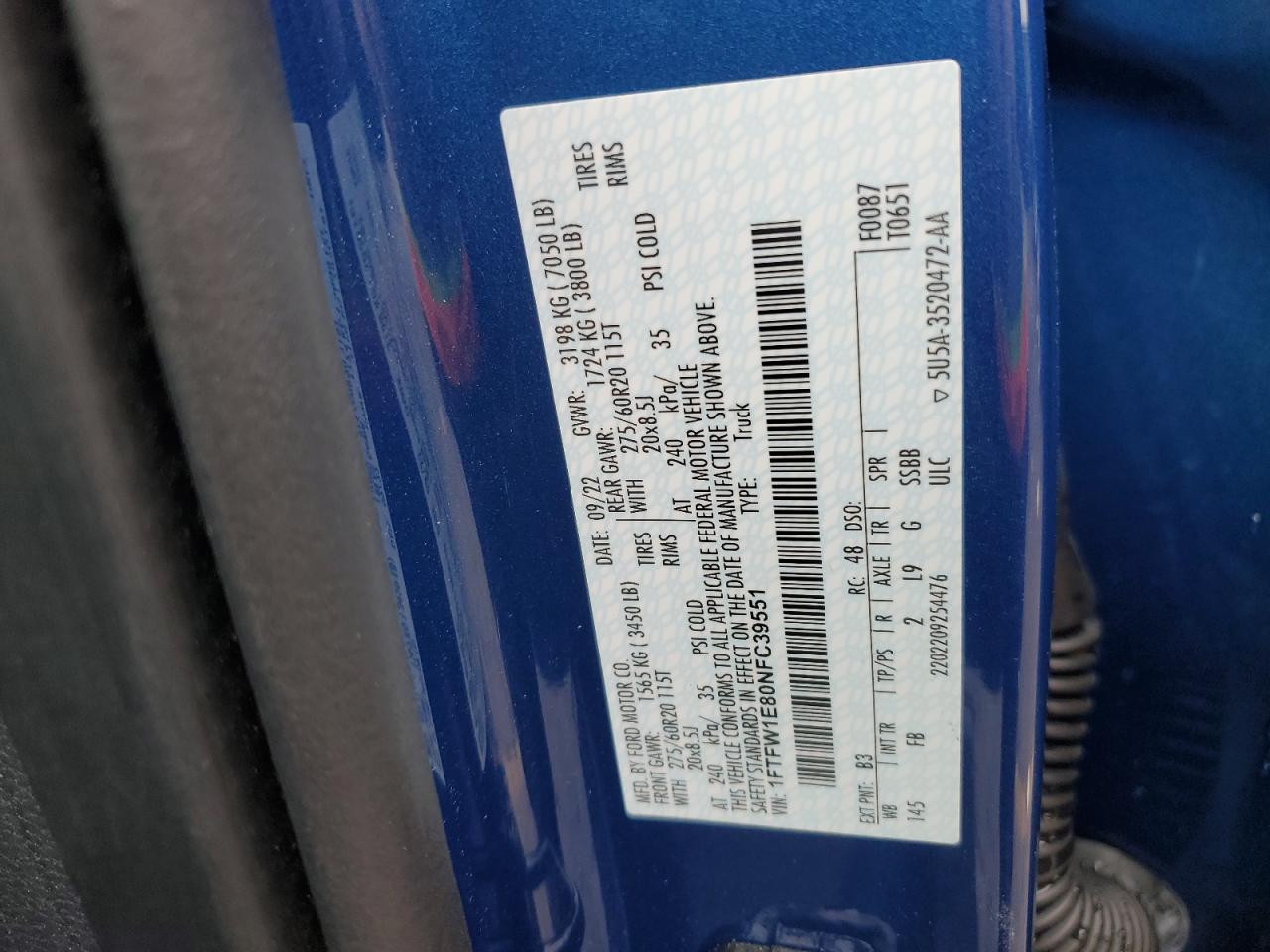 2022 Ford F150 Supercrew VIN: 1FTFW1E80NFC39551 Lot: 86282734