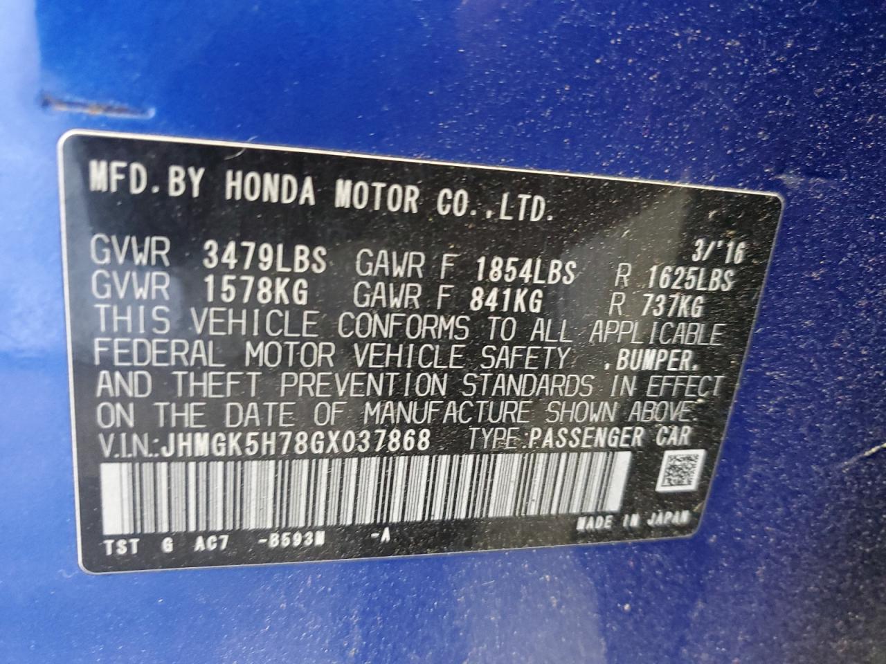 VIN JHMGK5H78GX037868 2016 HONDA FIT no.12