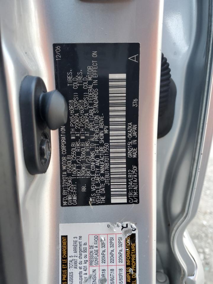 2007 Toyota 4Runner Limited VIN: JTEBU17R870117550 Lot: 84851094