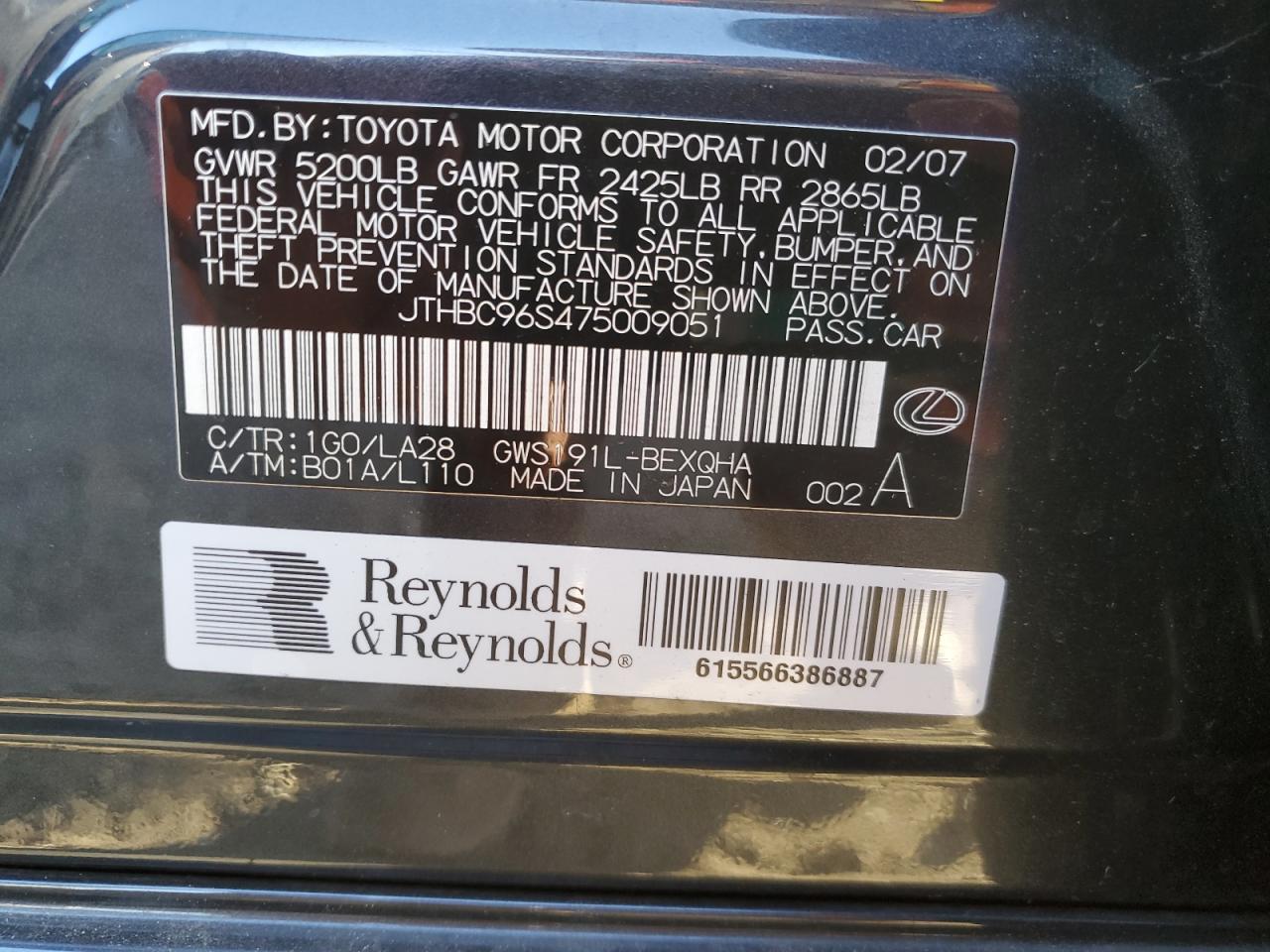 2007 Lexus Gs 450H VIN: JTHBC96S475009051 Lot: 85378324