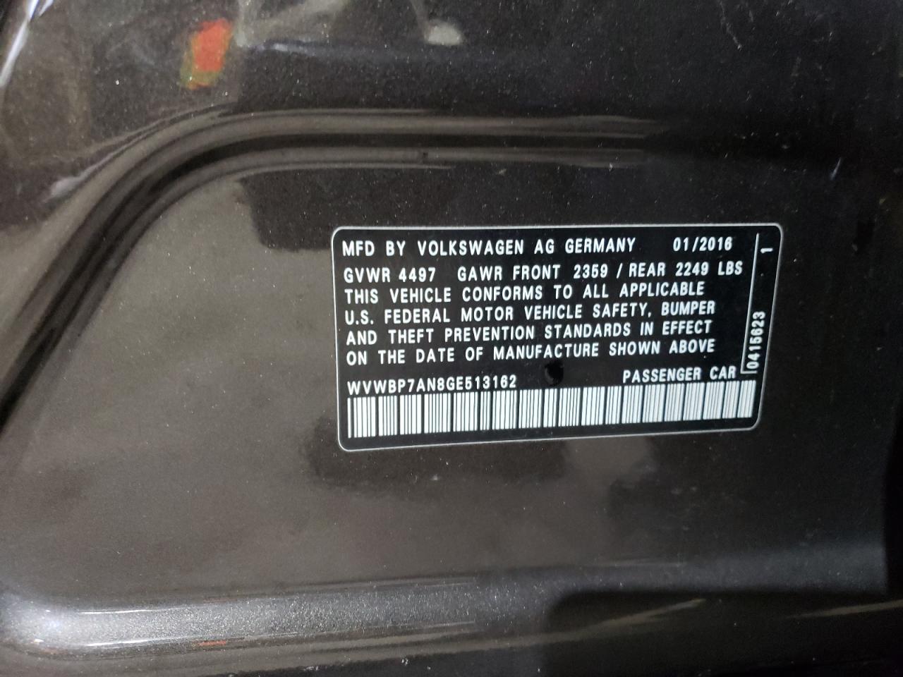 2016 Volkswagen Cc Base VIN: WVWBP7AN8GE513162 Lot: 85713894