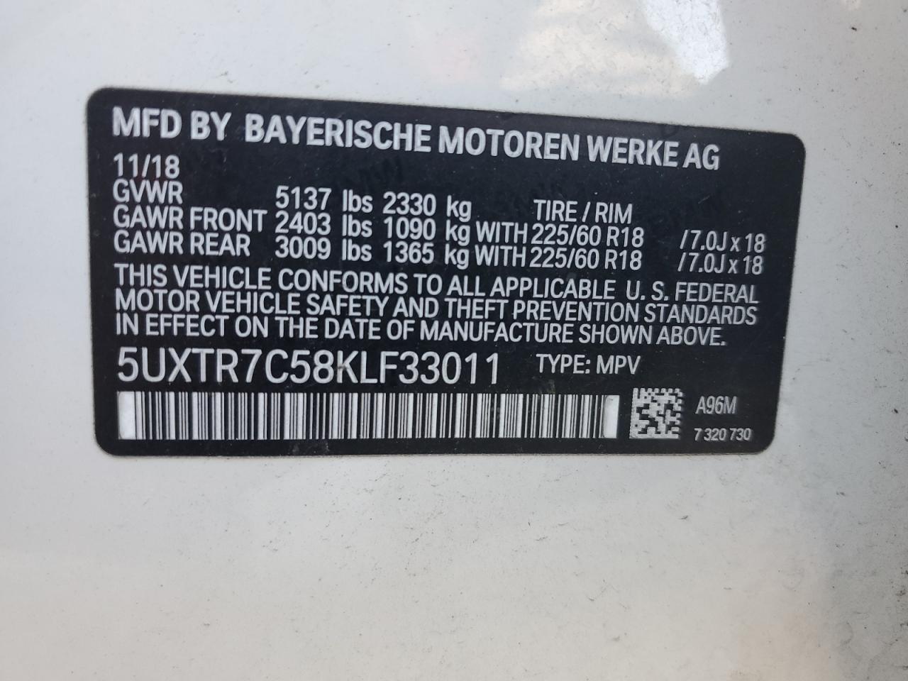 VIN 5UXTR7C58KLF33011 2019 BMW X3 no.13