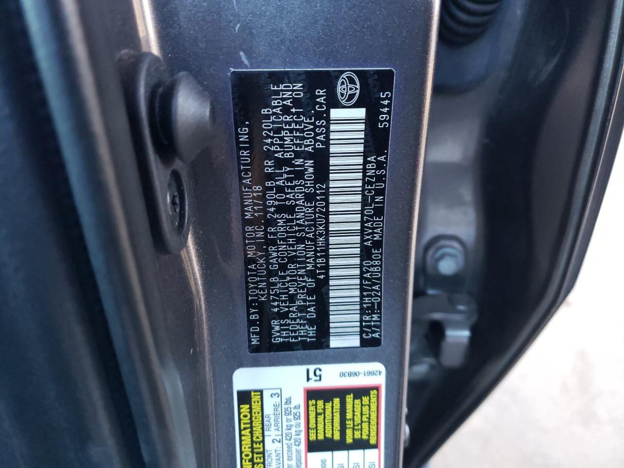 2019 Toyota Camry L VIN: 4T1B11HK3KU720112 Lot: 85980044