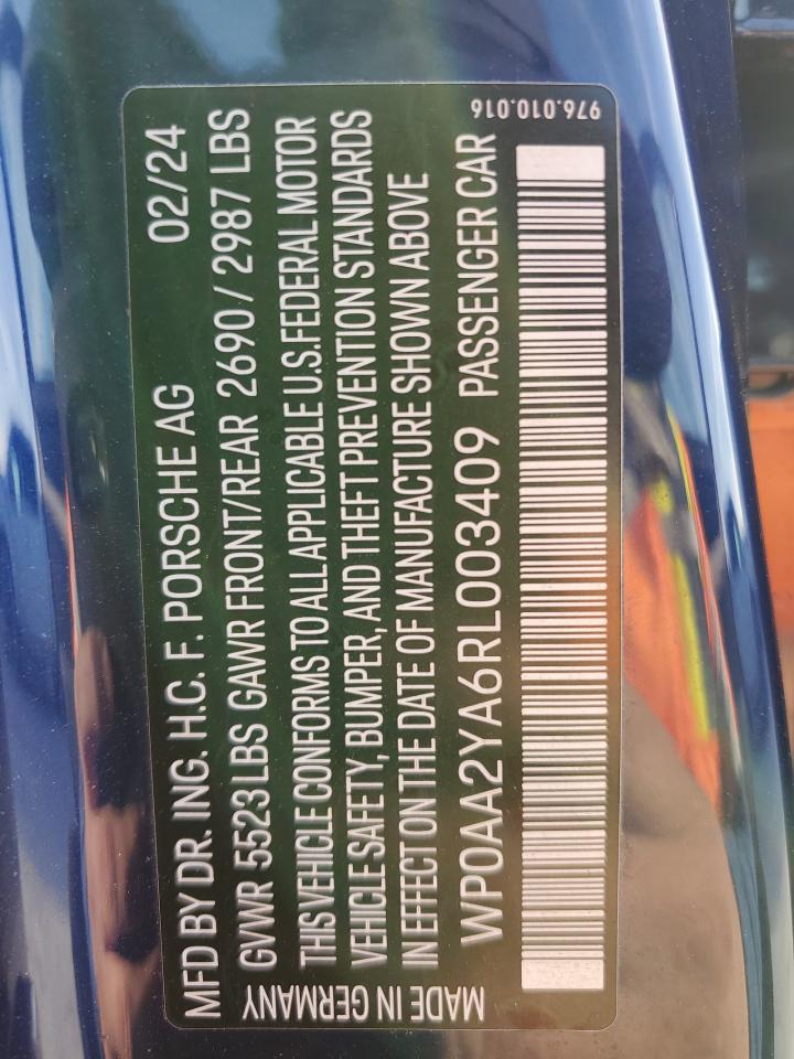 2024 Porsche Panamera Base VIN: WP0AA2YA6RL003409 Lot: 78420804