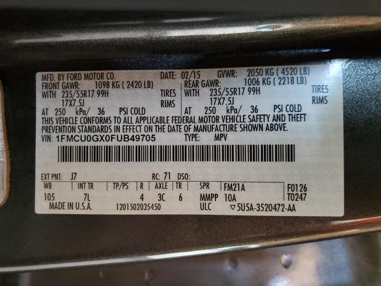 VIN 1FMCU0GX0FUB49705 2015 FORD ESCAPE no.12