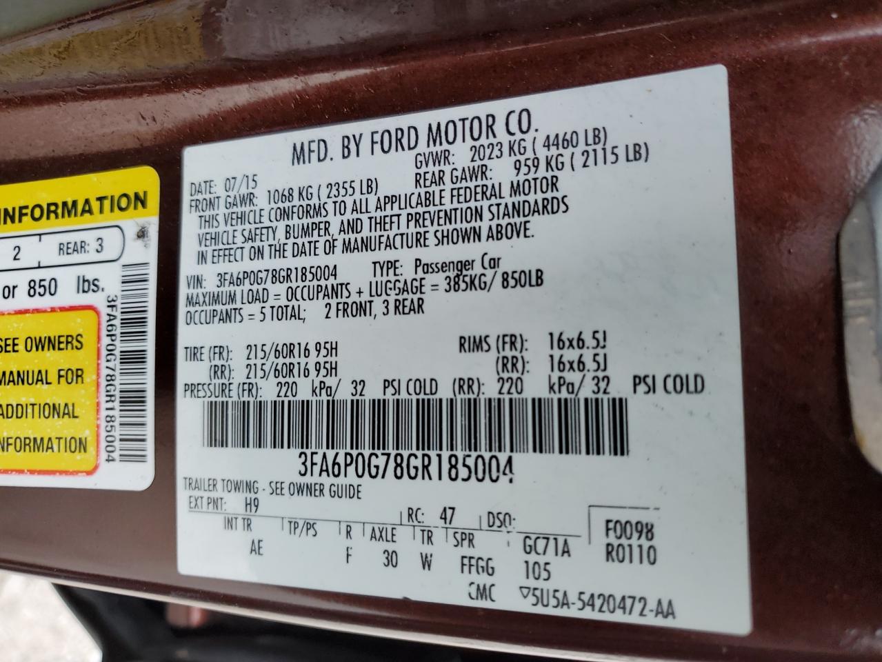 VIN 3FA6P0G78GR185004 2016 FORD FUSION no.12