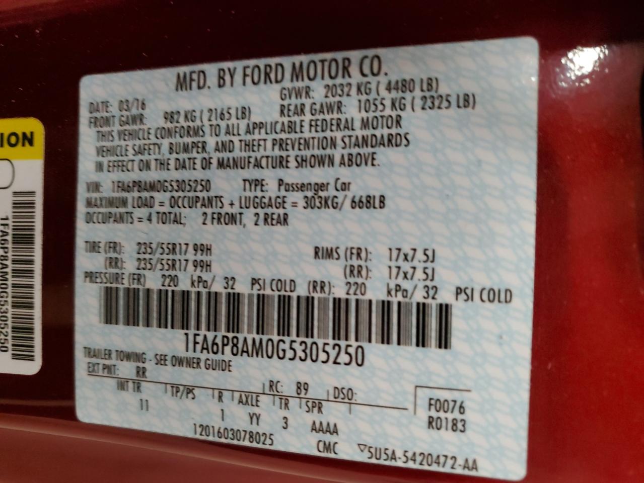 VIN 1FA6P8AM0G5305250 2016 FORD ALL Models no.13