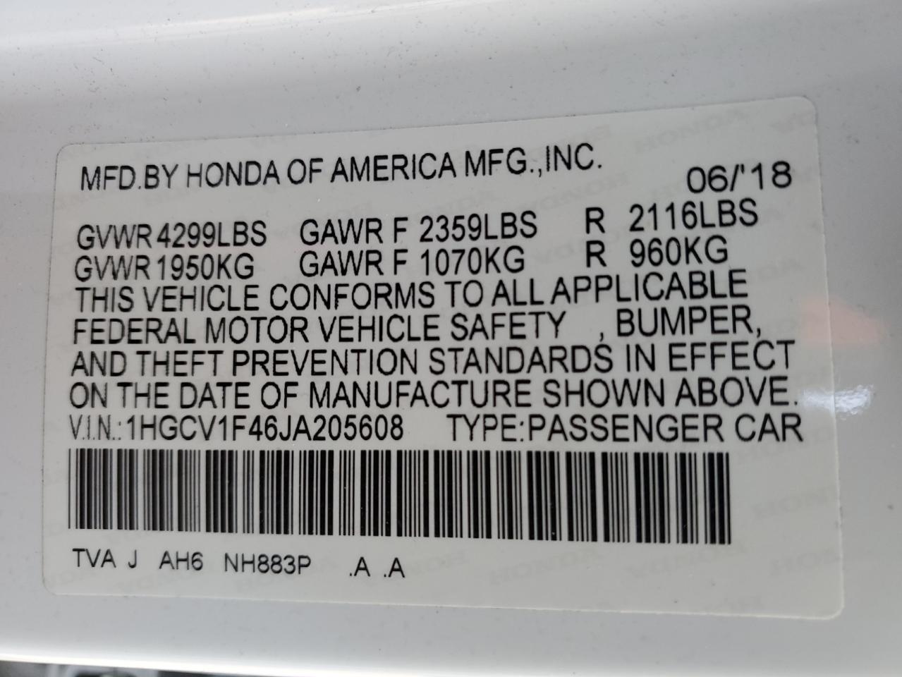 VIN 1HGCV1F46JA205608 2018 HONDA ACCORD no.13