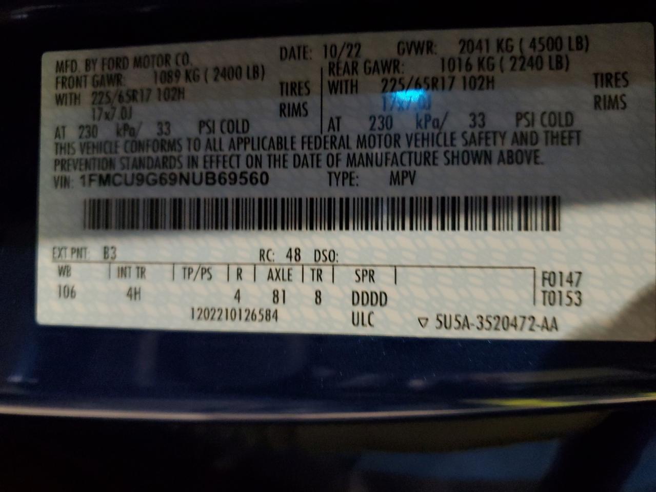 VIN 1FMCU9G69NUB69560 2022 FORD ESCAPE no.13