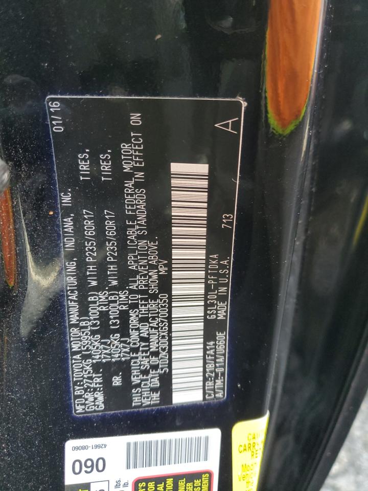 2016 Toyota Sienna VIN: 5TDZK3DCXGS700350 Lot: 83677684