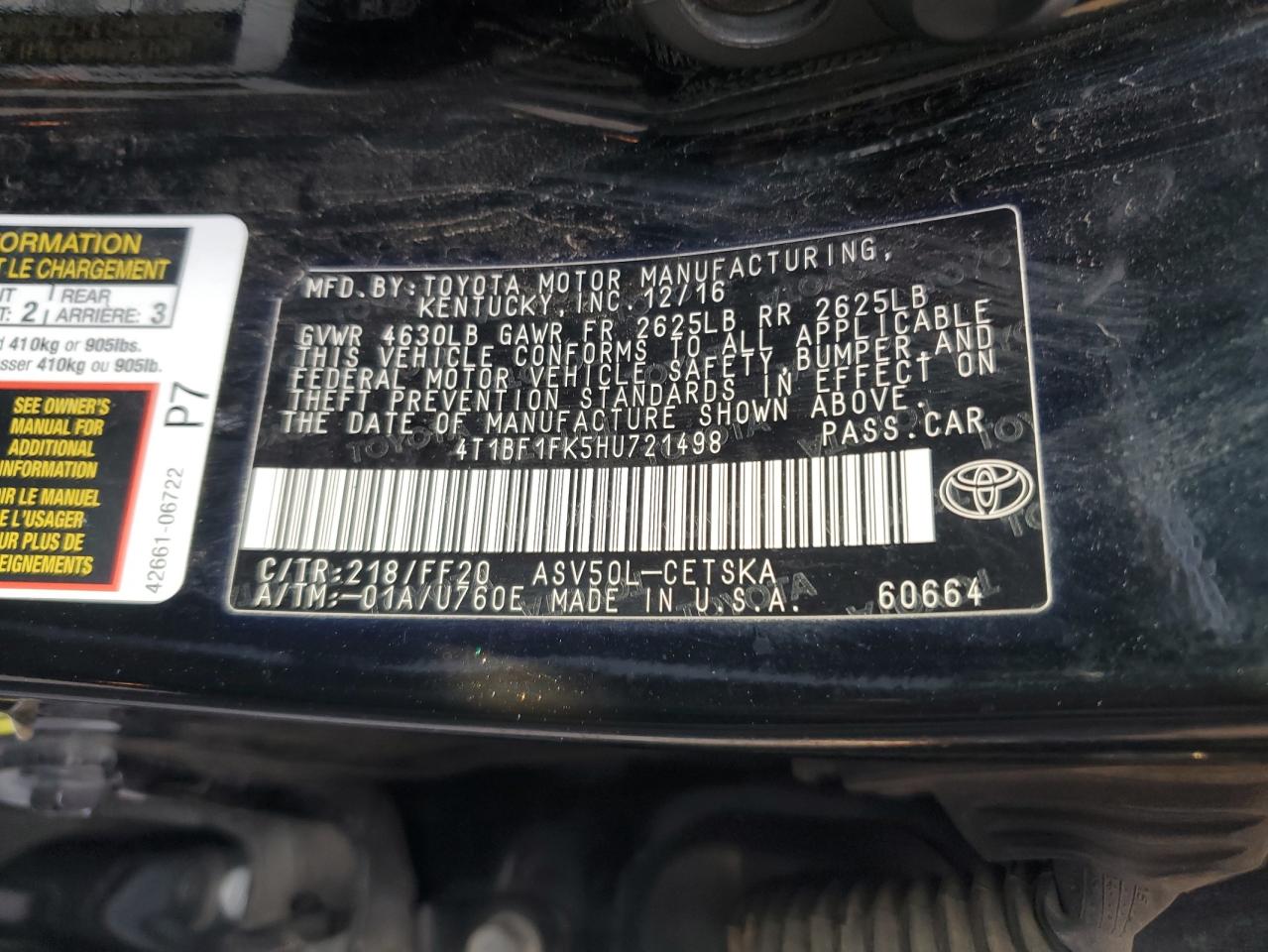 VIN 4T1BF1FK5HU721498 2017 TOYOTA CAMRY no.12