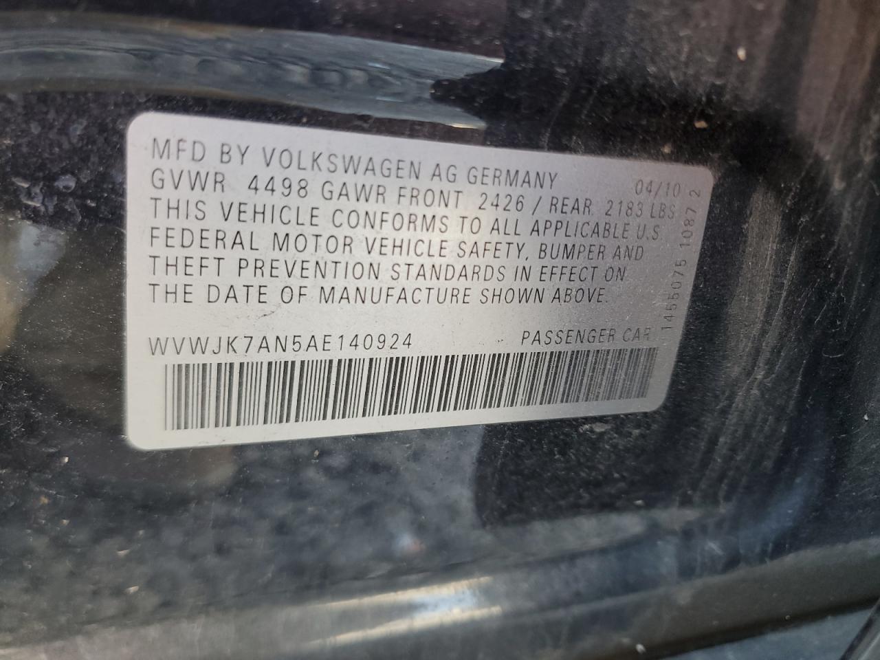 2010 Volkswagen Passat Komfort VIN: WVWJK7AN5AE140924 Lot: 84073904