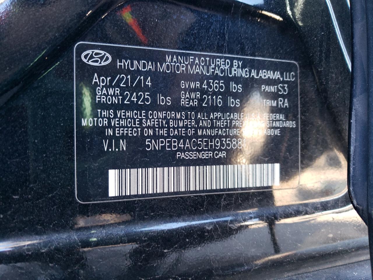 VIN 5NPEB4AC5EH935881 2014 HYUNDAI SONATA no.12