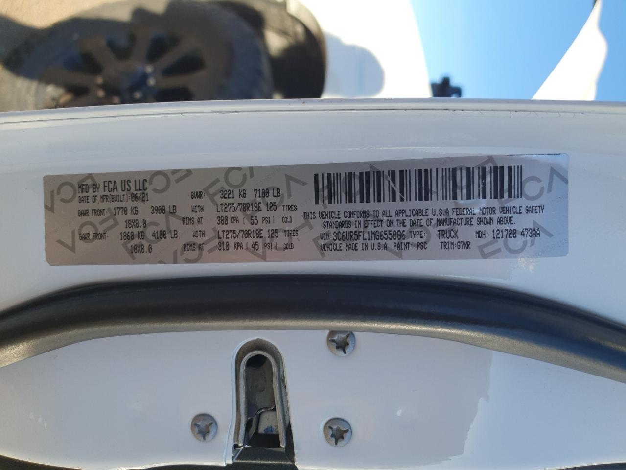 2021 Ram 2500 Laramie VIN: 3C6UR5FL1MG655086 Lot: 82898924