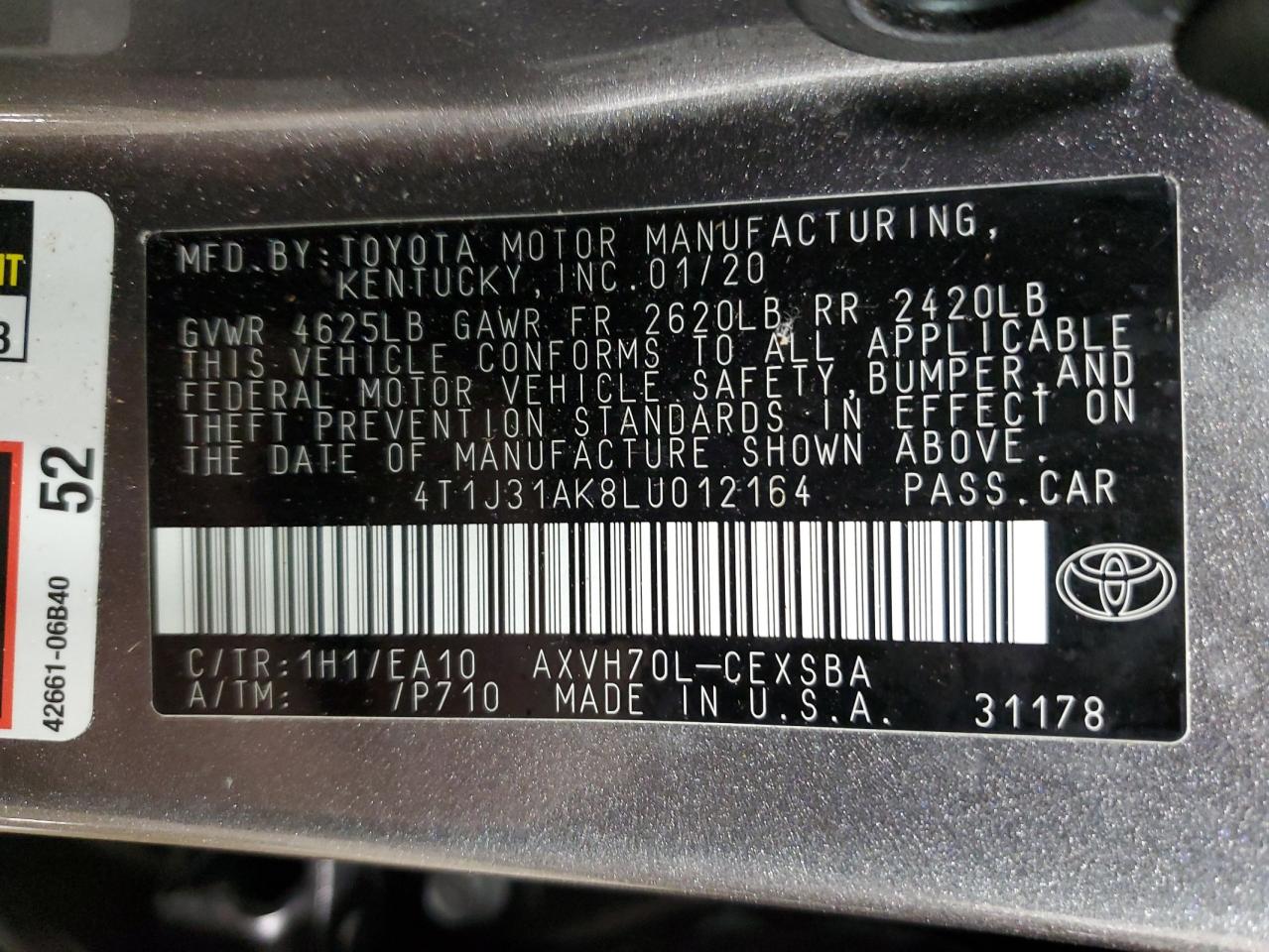 VIN 4T1J31AK8LU012164 2020 TOYOTA CAMRY no.13