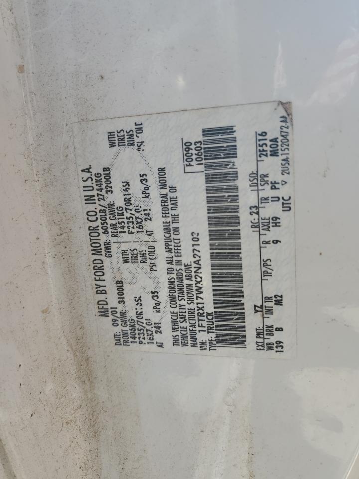 2002 Ford F150 VIN: 1FTRX17WX2NA27103 Lot: 85864524