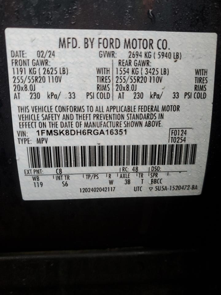 2024 Ford Explorer Xlt VIN: 1FMSK8DH6RGA16351 Lot: 84805984